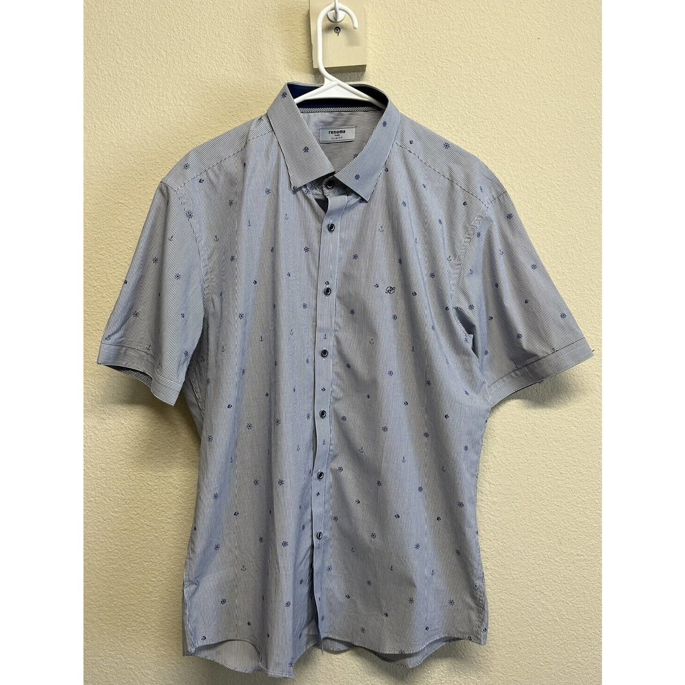 Renoma Paris Men's Blue Striped Nautical Short Sleeve Button Shirt Size 52/110 L